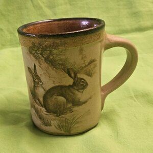 Vintage Monroe Salt Works Pottery Mug with Bunny Rabbits Monroe Maine 12oz